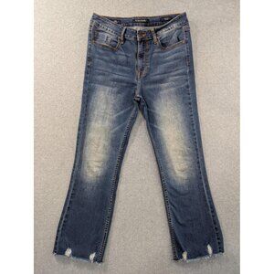 Vigoss Gwen Kick Flare Jeans Womens 27x26 Blue High Rise Raw Hem Distressed
